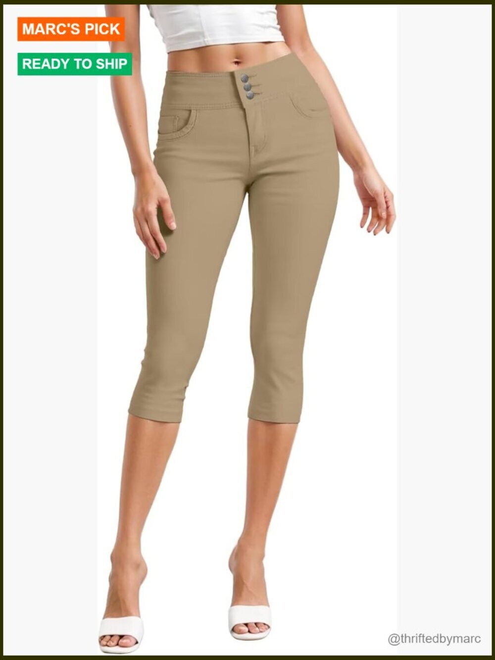 High Rise Skinny Capri Jeans with Stretch, 5 Pockets, Button Front